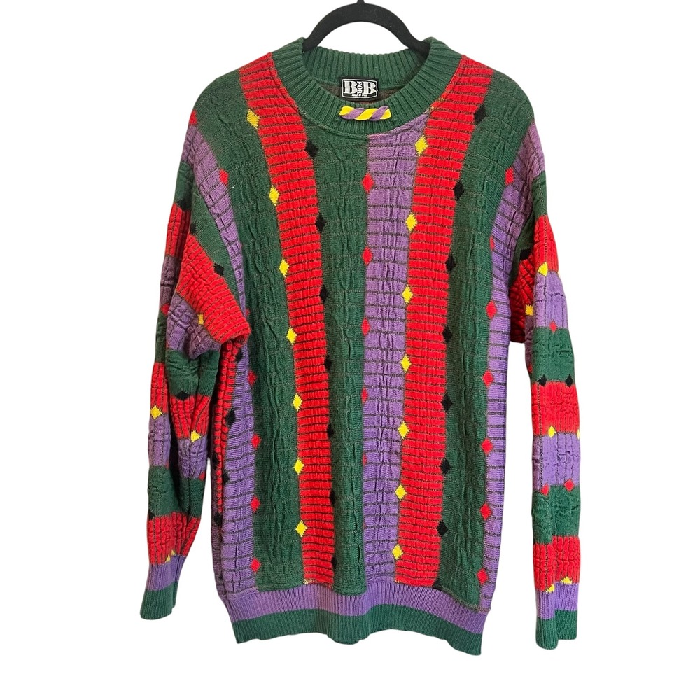 B FOR B Vintage 3D‎ Textured Knit Sweater Mens 48 Made in Italy Wool Blend Multi